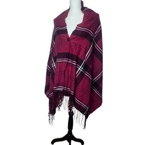 Budweizer Buttons Closure Red Plaid Shawl Scarf With Fringes 68"x27" Pre-owned